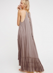 Summer Beach Solid Halter Off The Shoulder Ruffle Hem Slit Maxi Dress