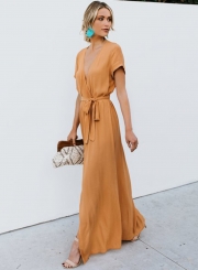 Elegant Solid Short Sleeve V Neck Waist Tie High Slit Maxi Dress