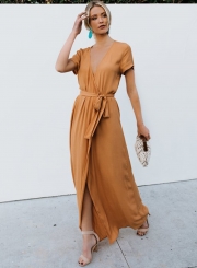 Elegant Solid Short Sleeve V Neck Waist Tie High Slit Maxi Dress