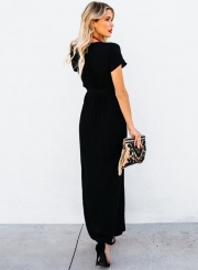 Elegant Solid Short Sleeve V Neck Waist Tie High Slit Maxi Dress