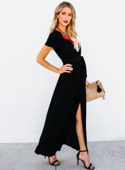 Elegant Solid Short Sleeve V Neck Waist Tie High Slit Maxi Dress