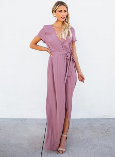 Elegant Solid Short Sleeve V Neck Waist Tie High Slit Maxi Dress zecalaba.com