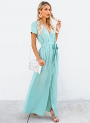 Elegant Solid Short Sleeve V Neck Waist Tie High Slit Maxi Dress