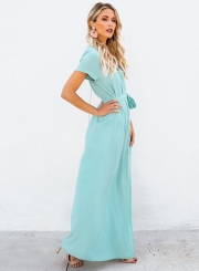 Elegant Solid Short Sleeve V Neck Waist Tie High Slit Maxi Dress