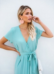 Elegant Solid Short Sleeve V Neck Waist Tie High Slit Maxi Dress