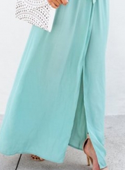 Elegant Solid Short Sleeve V Neck Waist Tie High Slit Maxi Dress