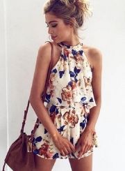 Fashion Floral Printed Halter Off The Shoulder Tank With Straight Shorts