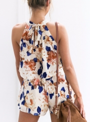 Fashion Floral Printed Halter Off The Shoulder Tank With Straight Shorts