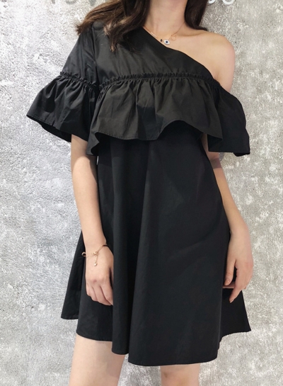 Summer Sexy One Off Shoulder Ruffle Trim Short Sleeve Loose Solid Dress YOYOTSHOP.com