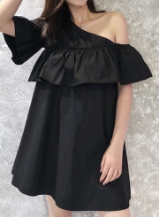 Summer Sexy One Off Shoulder Ruffle Trim Short Sleeve Loose Solid Dress