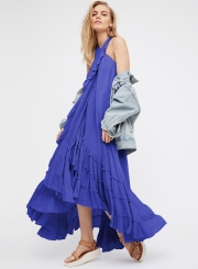 Summer Beach Solid Halter Off The Shoulder Ruffle Hem Slit Maxi Dress