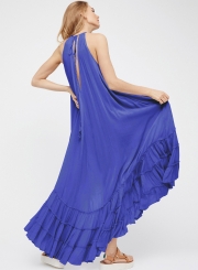 Summer Beach Solid Halter Off The Shoulder Ruffle Hem Slit Maxi Dress