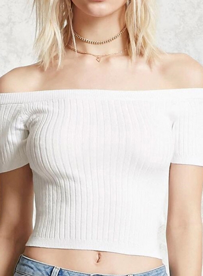 Summer Casual Sexy Off The Shoulder Short Sleeve Solid Knit Crop Top zecalaba.com