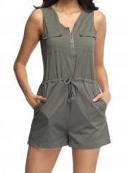 Summer Slim Sleeveless V Neck Waist Tie Pockets Wide Leg Romper With Zip