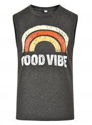 Summer Casual Rainbow Letters Print Sleeveless Round Neck Women Tee