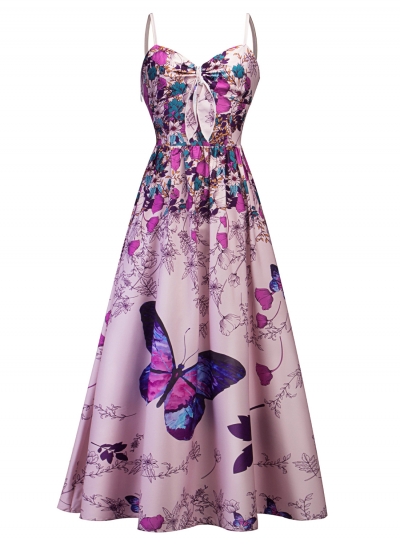 Elegant Floral Printed Spaghetti Strap Front Lace-Up High Waist Maxi Dress zecalaba.com