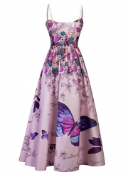 Elegant Floral Printed Spaghetti Strap Front Lace-Up High Waist Maxi Dress