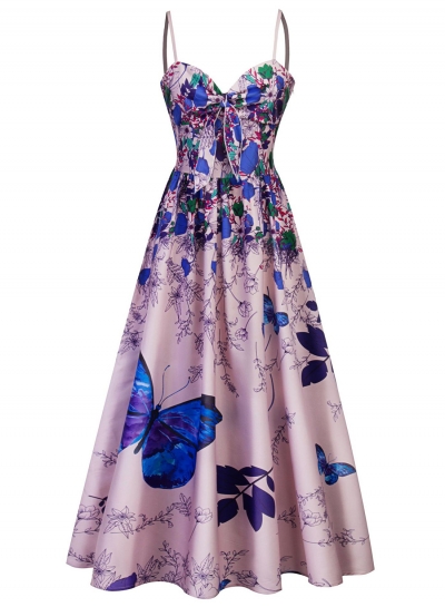 Elegant Floral Printed Spaghetti Strap Front Lace-Up High Waist Maxi Dress zecalaba.com