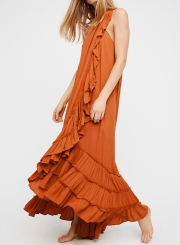 Summer Beach Solid Halter Off The Shoulder Ruffle Hem Slit Maxi Dress