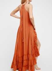 Summer Beach Solid Halter Off The Shoulder Ruffle Hem Slit Maxi Dress