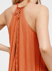 Summer Beach Solid Halter Off The Shoulder Ruffle Hem Slit Maxi Dress