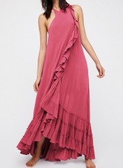 Summer Beach Solid Halter Off The Shoulder Ruffle Hem Slit Maxi Dress