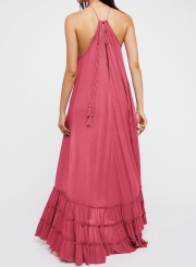 Summer Beach Solid Halter Off The Shoulder Ruffle Hem Slit Maxi Dress