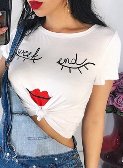 Summer Casual Slim Short Sleeve Round Neck Eyelash Lip Printed Tee