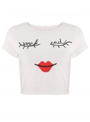 Summer Casual Slim Short Sleeve Round Neck Eyelash Lip Printed Tee