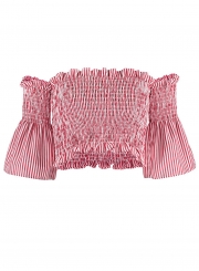 Sexy Striped Slash Neck Off The Shoulder Flare Sleeve Smocking Crop Top