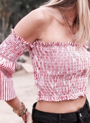 Sexy Striped Slash Neck Off The Shoulder Flare Sleeve Smocking Crop Top