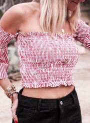 Sexy Striped Slash Neck Off The Shoulder Flare Sleeve Smocking Crop Top