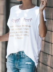 Summer Casual Eyelash Letters Printed Short Sleeve Round Neck Loose Tee