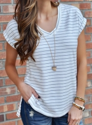 Summer Casual Striped Short Sleeve Round Neck Slit Loose Tee