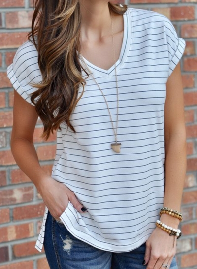 Summer Casual Striped Short Sleeve Round Neck Slit Loose Tee zecalaba.com