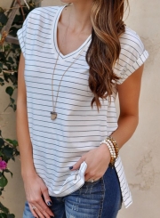 Summer Casual Striped Short Sleeve Round Neck Slit Loose Tee