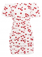 Summer Smocking Heart Printed Off The Shoulder Puff Sleeve Bodycon Dress