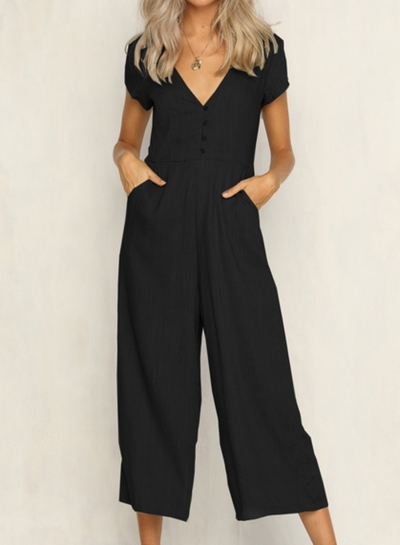 Casual Short Sleeve V Neck Front Buttons Wide Leg Jumpsuit With Pockets