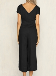 Casual Short Sleeve V Neck Front Buttons Wide Leg Jumpsuit With Pockets