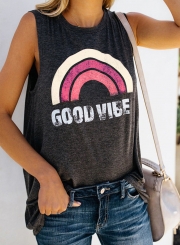 Summer Casual Rainbow Letters Print Sleeveless Round Neck Women Tee