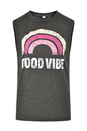 Summer Casual Rainbow Letters Print Sleeveless Round Neck Women Tee