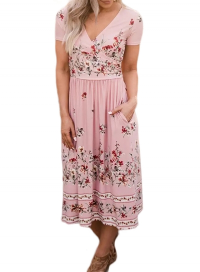 Casual Floral Printed V Neck Short Sleeve Pockets Maxi Dress