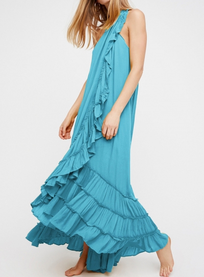 Summer Beach Solid Halter Off The Shoulder Ruffle Hem Slit Maxi Dress