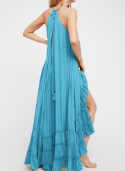 Summer Beach Solid Halter Off The Shoulder Ruffle Hem Slit Maxi Dress