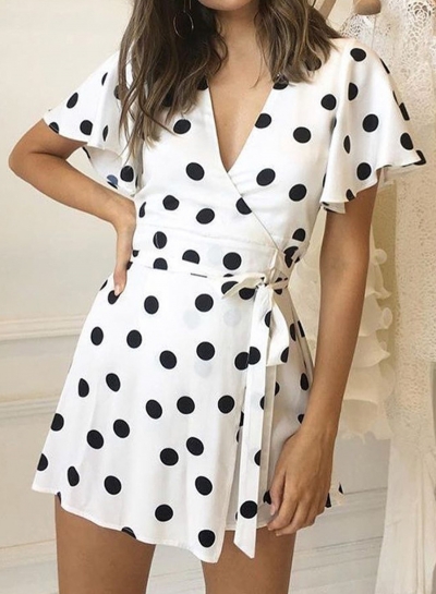 Summer Fashion Short Sleeve V Neck Polka Dots Waist Lace-up Dress