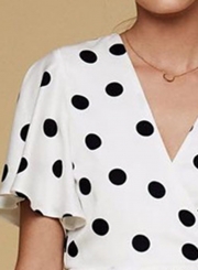 Summer Fashion Short Sleeve V Neck Polka Dots Waist Lace-up Dress