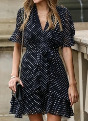 Half Sleeve V Neck Chiffon Polka Dots Boho Irregular Maxi Dress