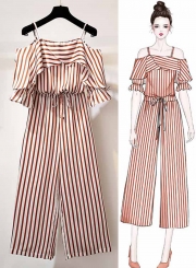 2 Piece Striped Off The Shoulder Top Waist Tie Wide Leg Pants