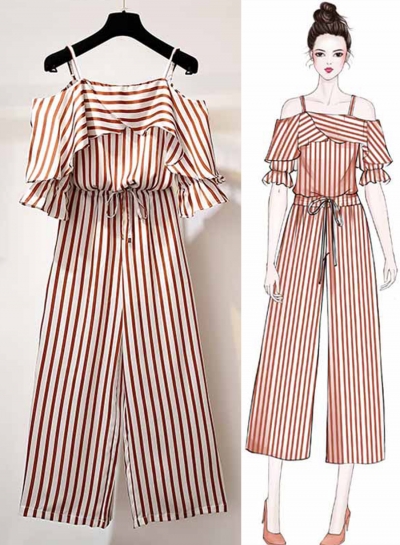 2 Piece Striped Off The Shoulder Top Waist Tie Wide Leg Pants zecalaba.com