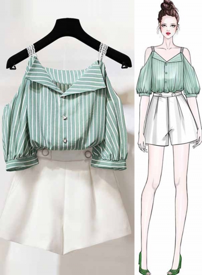 2 Piece Striped Off Shoulder Lantern Sleeve Buttons Top Wide Leg Shorts zecalaba.com